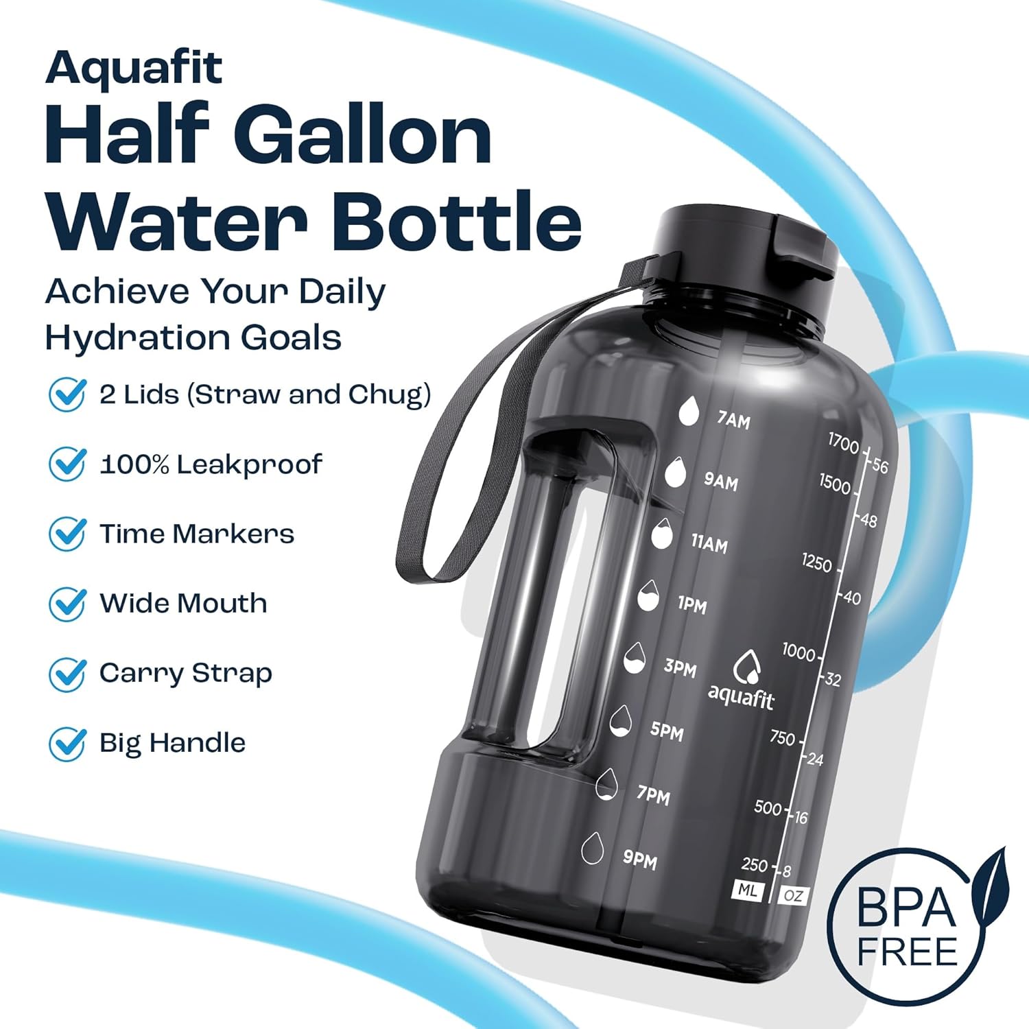 2L Water Bottle with Straw - Half Gallon Water Bottle - Motivational Gym Bottles 2L - 2 Liter Bottle Time Marker - Half Gallon Water Jug 64 Oz - Large Water Bottle - Clear, 2 Lids
