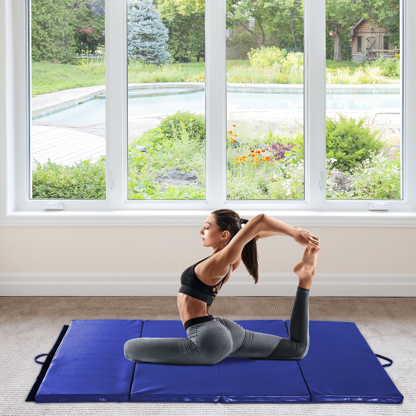 Soozier 4'x6'x2'' Folding Gymnastics Tumbling Mat, Exercise Mat with Carrying Handles for Yoga, MMA, Martial Arts, Stretching, Core Workouts, Blue