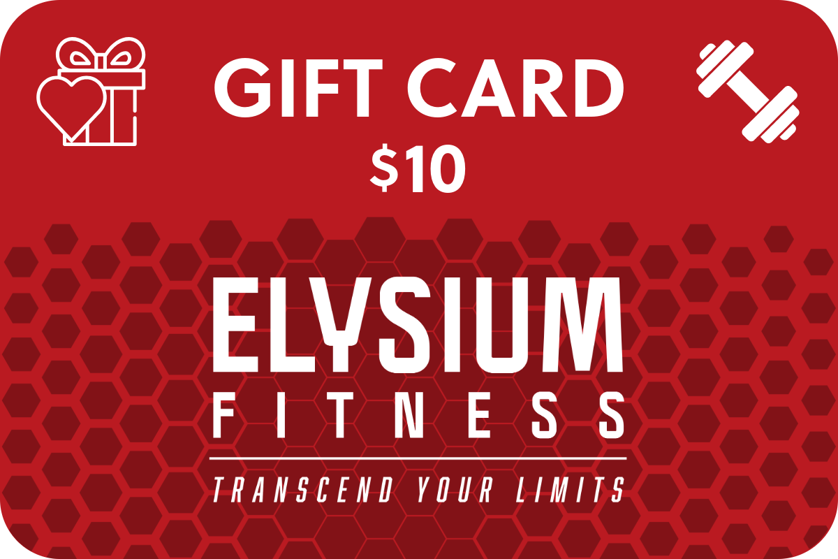 Red gift card for Elysium Fitness with a $10 value