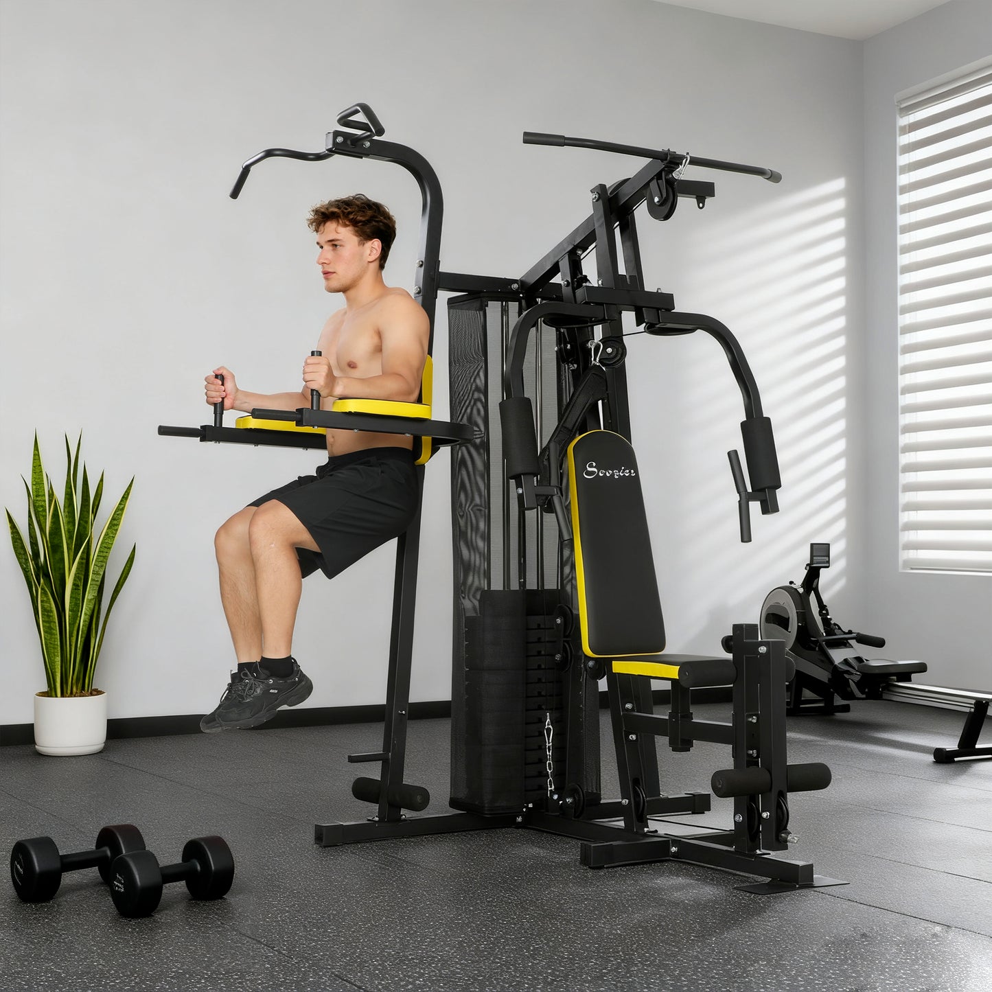 Soozier Multifunction Power Tower for Back, Chest, Arms & Leg Workouts All-in-One Home Gym with Weight Stack and Pulley System for Full Body Training