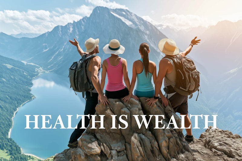 4 GenX men & women at the top of mountain,  enjoying view of mountains, lake, sun shining, blue sky, holding hands up