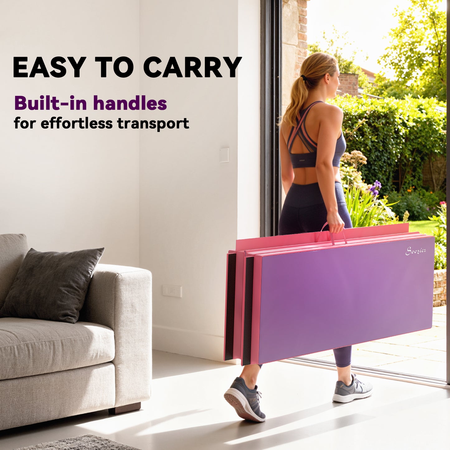 Soozier 4'x6'x2'' Folding Gymnastics Tumbling Mat, Exercise Mat  with Carrying Handles for Yoga, MMA, Martial Arts, Stretching, Core Workouts, Pink and Purple