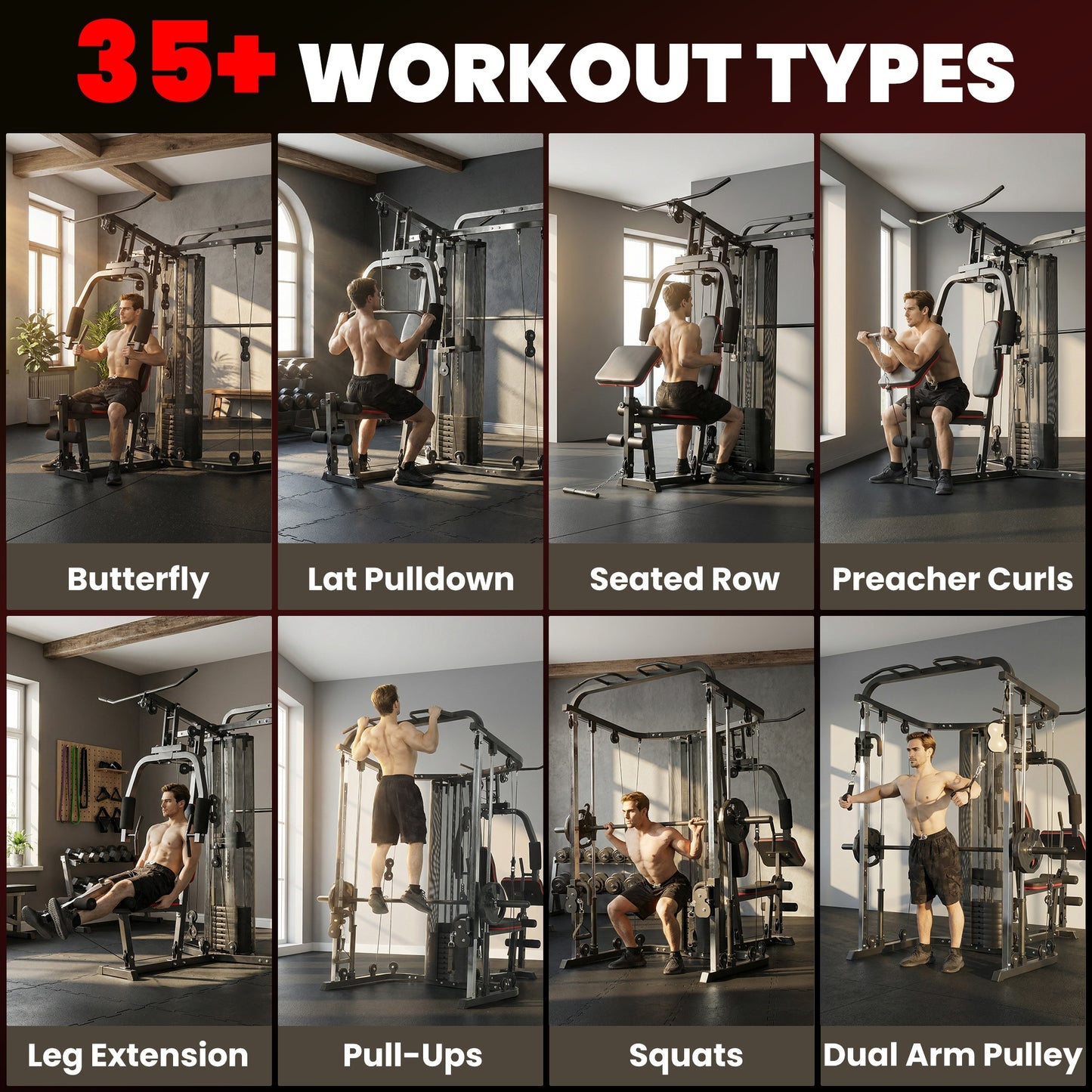 Soozier Home Multi Gym Smith Machine with 143LBS Weight Stack, Cable Pulley System, Chest Station, Preacher Pad, Leg Developer