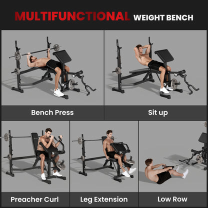 Soozier Weight Bench Stand with Squat Rack, Adjustable Olympic Bench, Multifunctional Arm Curl Pad, Leg Extension, Grey
