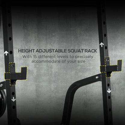 Soozier Smith Machine, Multi-Functional Power Cage w/ Adjustable Bench, Barbell Bar, Cable Pulley System, 15-Level Squat Rack