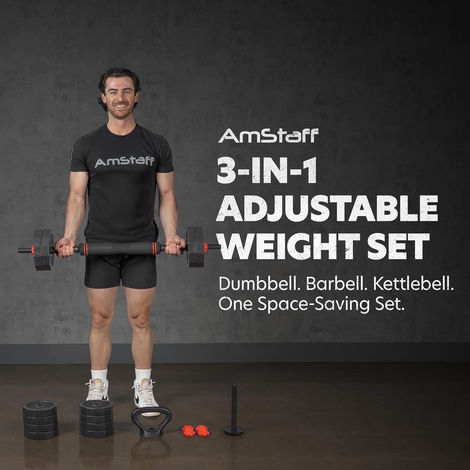 3-In-1 Adjustable Set: Dumbbell, Kettlebell, Barbell, 12-Level Weight Adjustment, Multi-Use Home Gym Gear for Men & Women (42Lb)