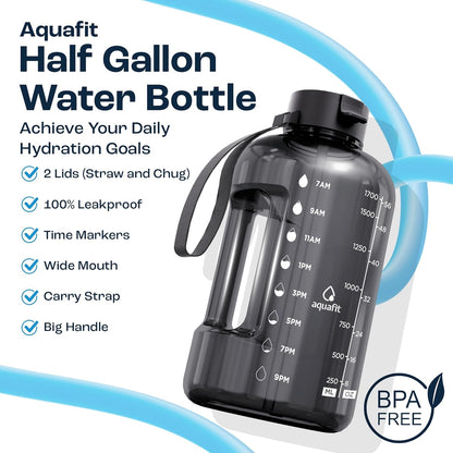 2L Water Bottle with Straw - Half Gallon Water Bottle - Motivational Gym Bottles 2L - 2 Liter Bottle Time Marker - Half Gallon Water Jug 64 Oz - Large Water Bottle - Clear, 2 Lids