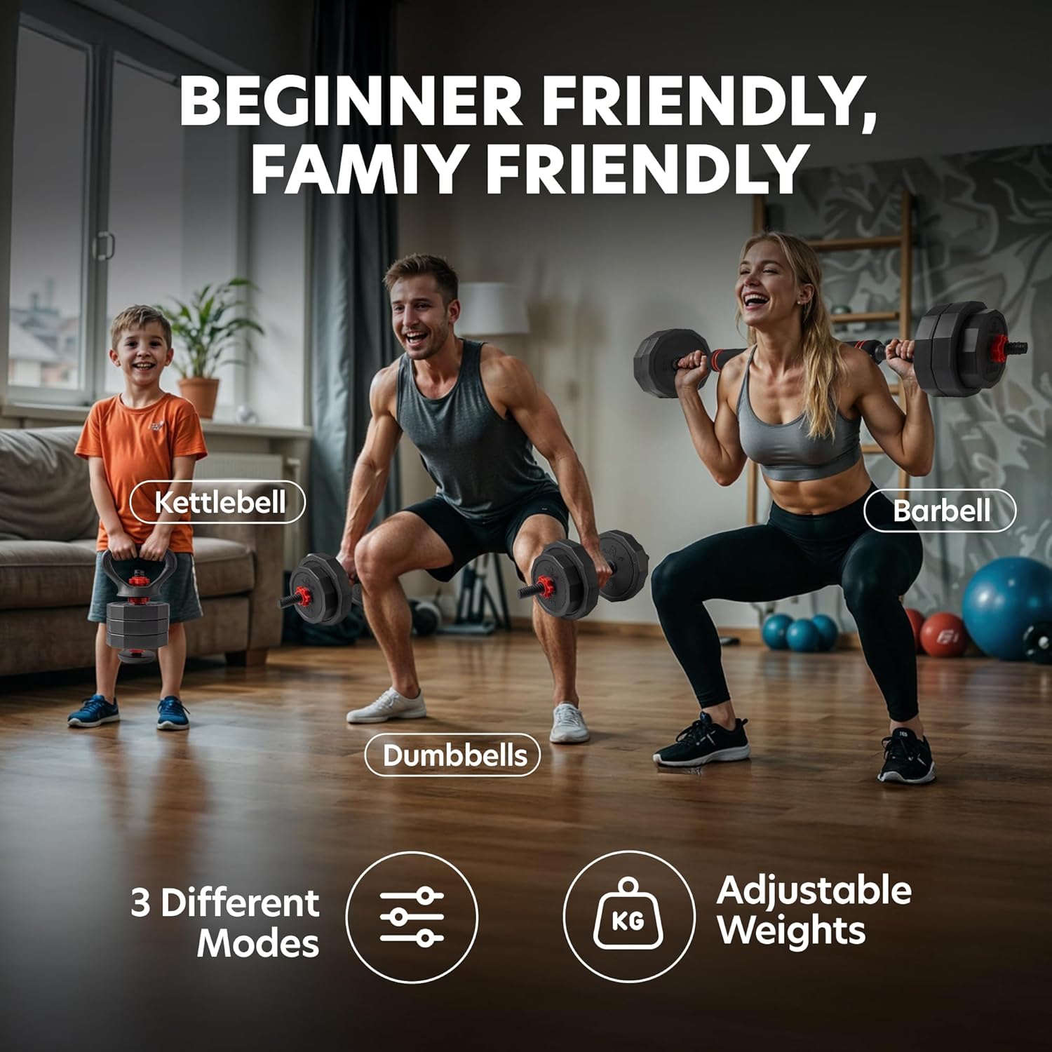 3-In-1 Adjustable Set: Dumbbell, Kettlebell, Barbell, 12-Level Weight Adjustment, Multi-Use Home Gym Gear for Men & Women (42Lb)