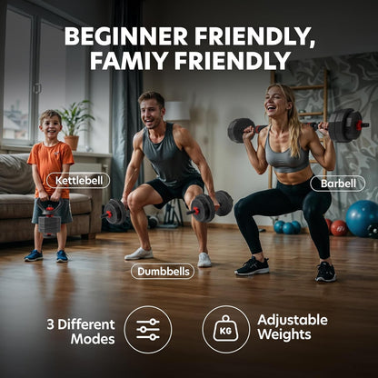 3-In-1 Adjustable Set: Dumbbell, Kettlebell, Barbell, 12-Level Weight Adjustment, Multi-Use Home Gym Gear for Men & Women (42Lb)