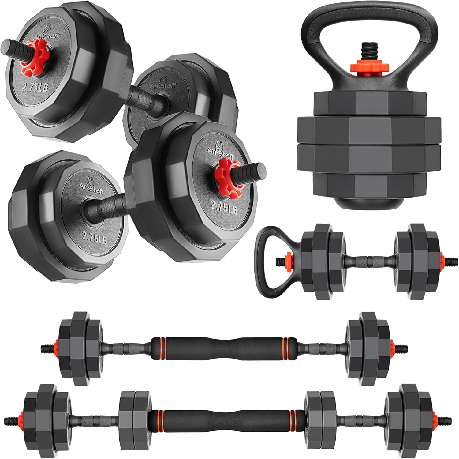 3-In-1 Adjustable Set: Dumbbell, Kettlebell, Barbell, 12-Level Weight Adjustment, Multi-Use Home Gym Gear for Men & Women (42Lb)