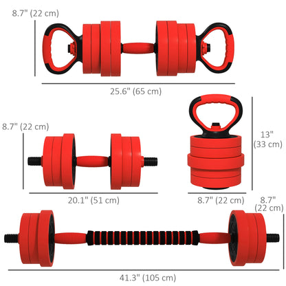 Soozier 66lbs 4-in-1 Adjustable Weight Dumbbell Set, Barbell, Kettlebell, Push Up Stand, Red