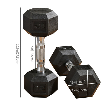 Soozier 2 x 12lbs Rubber Dumbbells Weight Set, Dumbbell Hand Weight for Body Fitness Training, Home Office Gym, Black