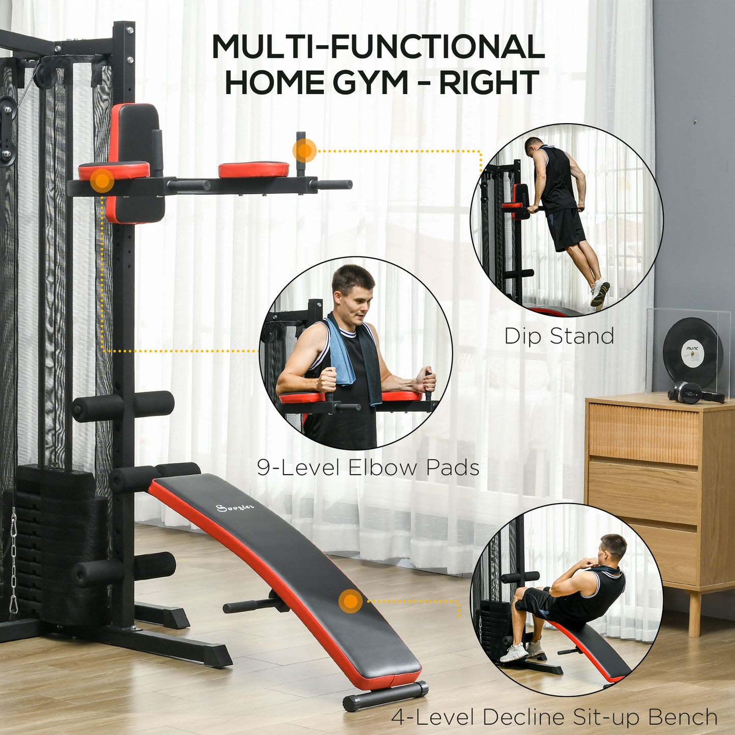 Soozier Multi Home Gym Equipment, Workout Station with Sit up Bench, Push up Stand, Dip Station, 143lbs Weights