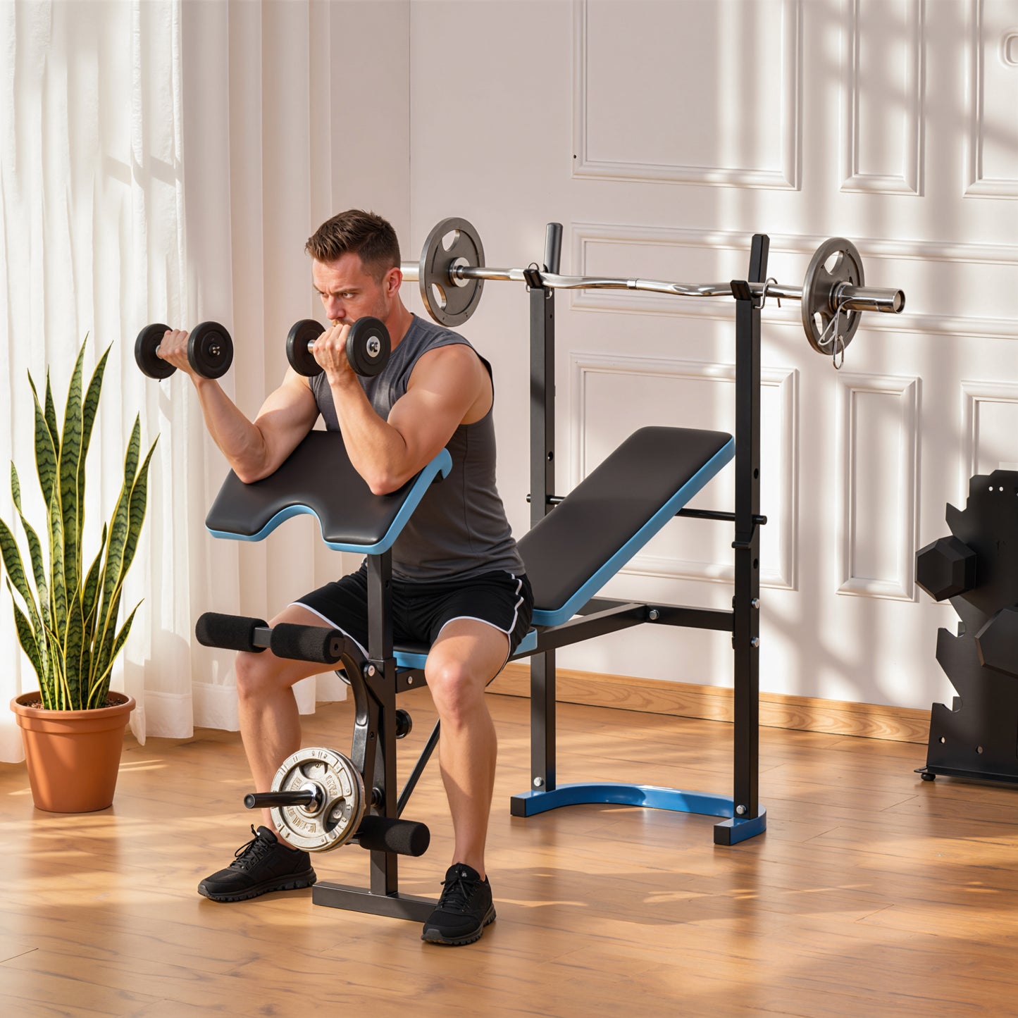 Soozier Adjustable Weight Bench with Barbell Rack and Leg Developer for Weight Lifting and Strength Training Multifunctional Workout Station for Home Gym Fitness, Black