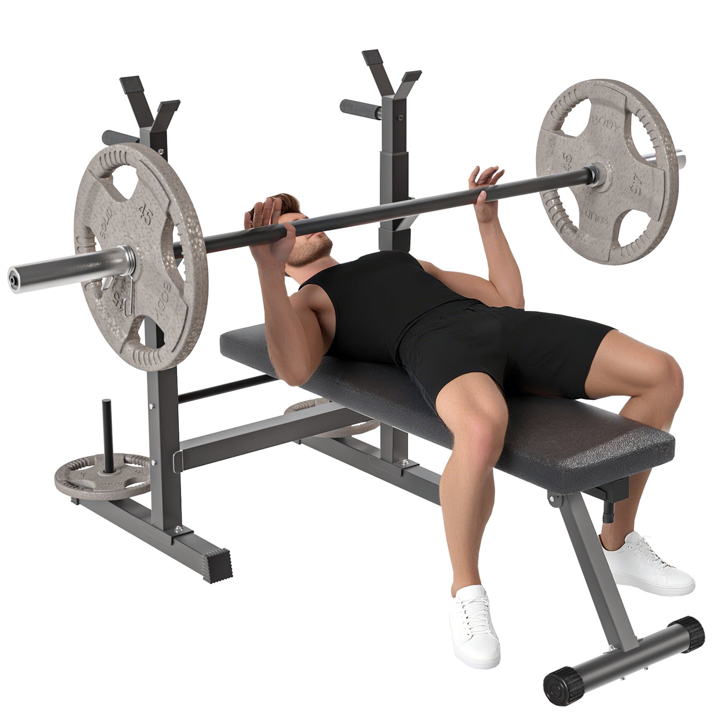 Soozier Foldable Bench Press with Barbell Rack Black Grey