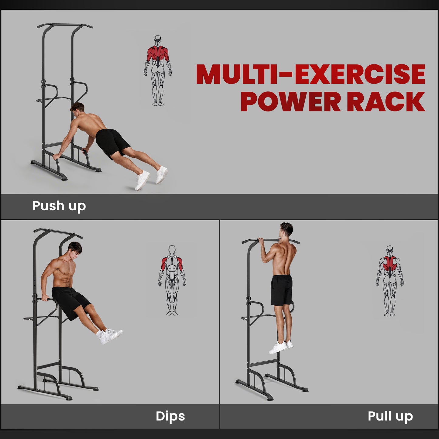Soozier Power Tower Dip Station Pull Up Bar, Multi-Function Push Up Equipment with Adjustable Height for Home Gym Strength Training Workout Fitness, Black