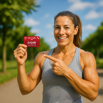 Woman in athletic wear holding a $50 Elvisium Fitness gift card outdoors.