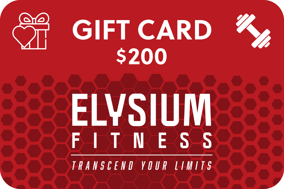 Red gift card for Elysium Fitness with a $200 value