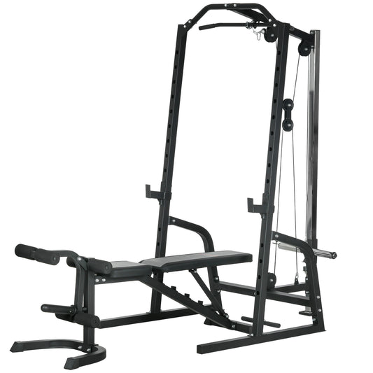 Soozier Smith Machine, Multi-Functional Power Cage w/ Adjustable Bench, Barbell Bar, Cable Pulley System, 15-Level Squat Rack