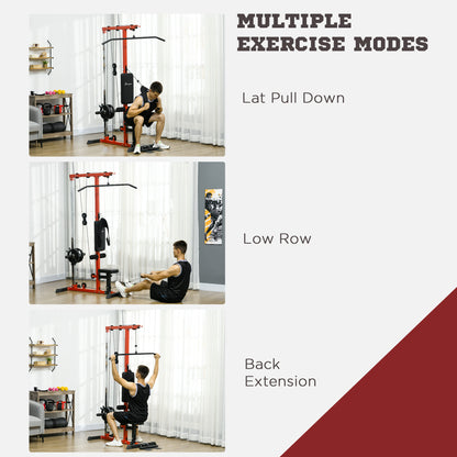 Soozier Lat Pull Down Machine, High / Low Pulley Machine with Adjustable Seat and Flip-Up Footplate, Red