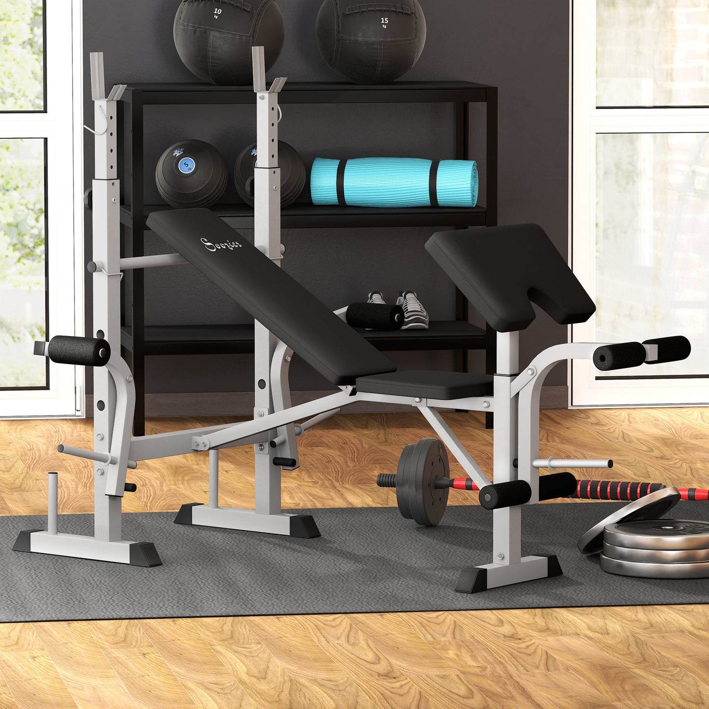 Soozier Bench Press Set Adjustable Weight Bench with Squat Rack, Preacher Curl Pad, Leg Developer and Weight Storage, Grey