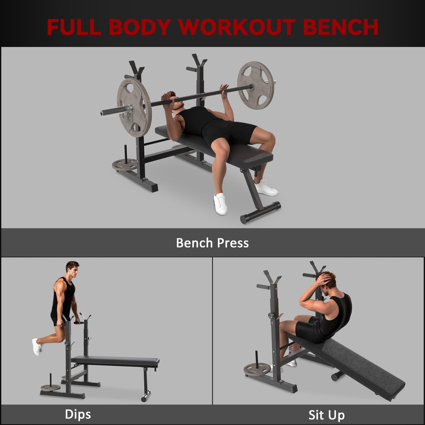 Soozier Foldable Bench Press with Barbell Rack Black Grey