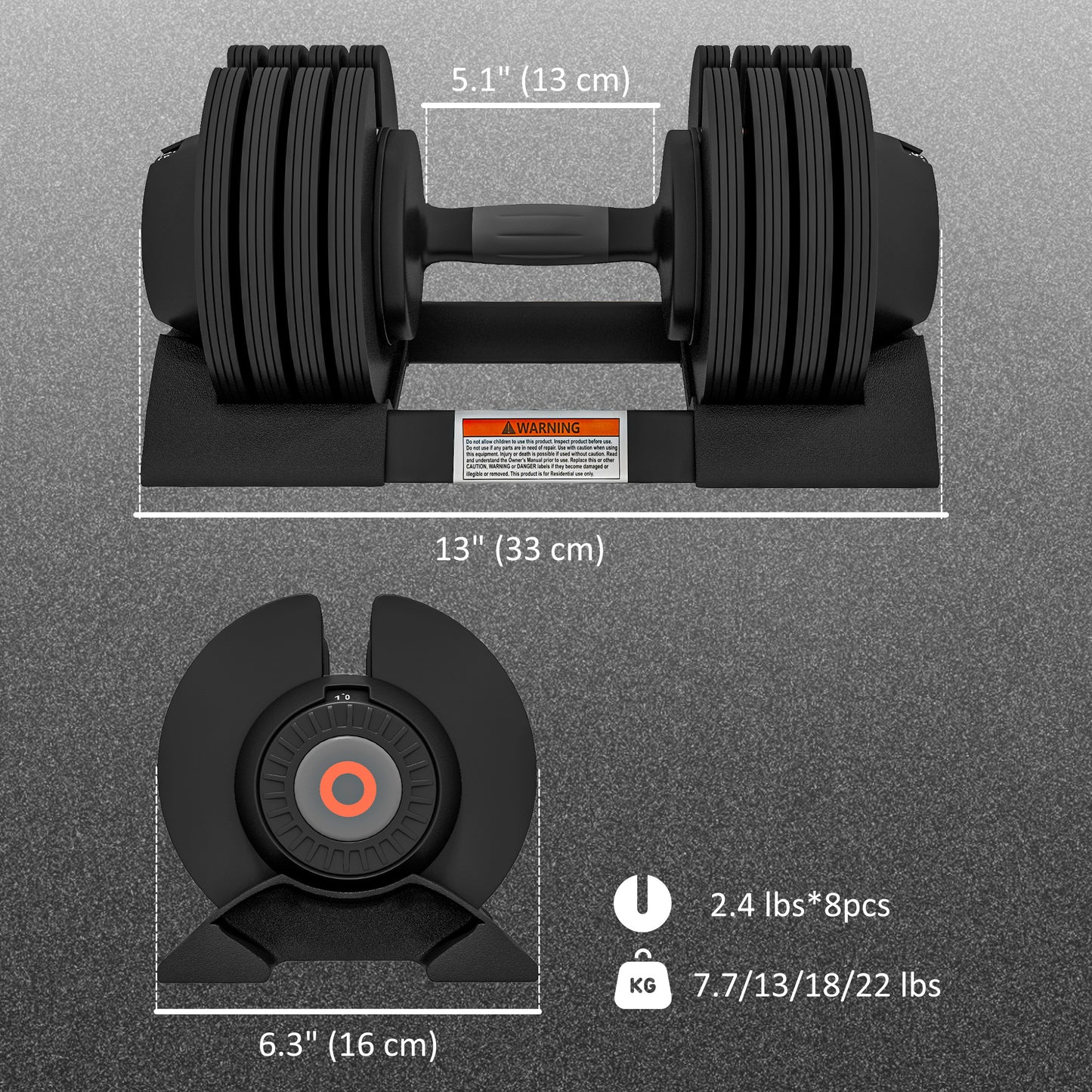 Soozier 8lbs/13lbs/18lbs/22lbs Adjustable Dumbbells Set,  Quick Adjustment Rubber Weights Exercise Fitness Dumbbell Set with Non-Slip Handles and Tray, for Men Women Home Gym