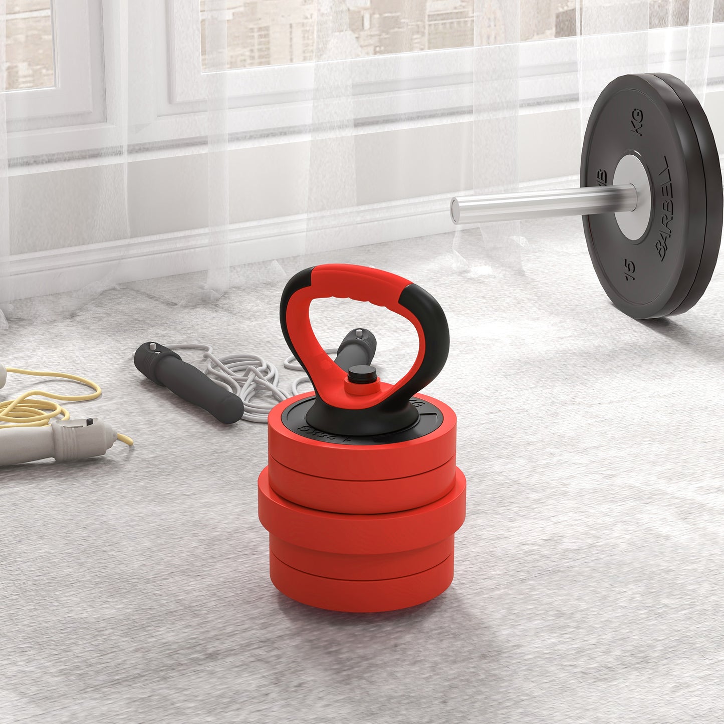 Soozier 44lbs 4-in-1 Adjustable Weight Dumbbell Set, Barbell, Kettlebell, Push Up Stand, Red