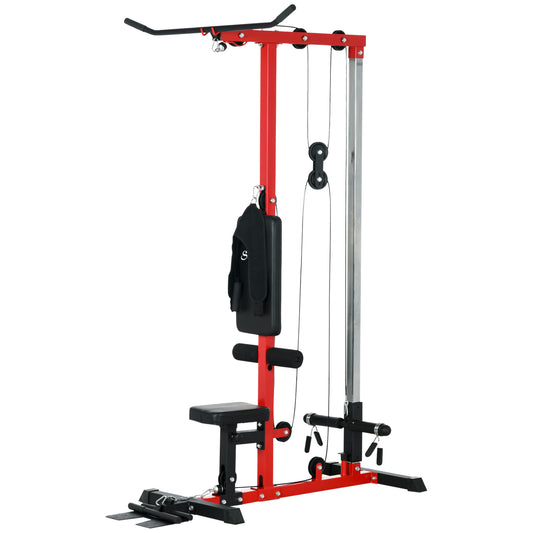 Soozier Lat Pull Down Machine, High / Low Pulley Machine with Adjustable Seat and Flip-Up Footplate, Red