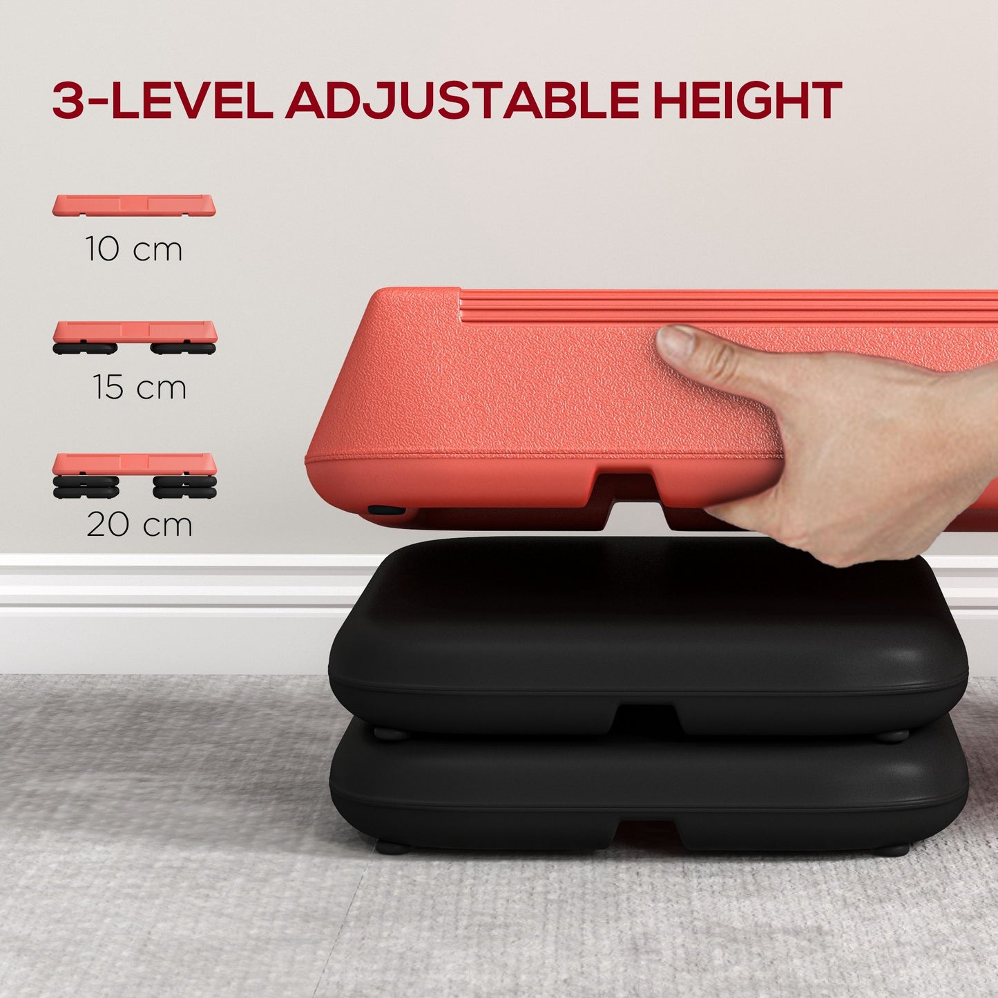 Soozier Adjustable Aerobic Stepper, 3-Level with Risers 4", 6", 8" Exercise Step Platform for Home Gym Fitness Workout, 330lbs Weight Capacity, Red