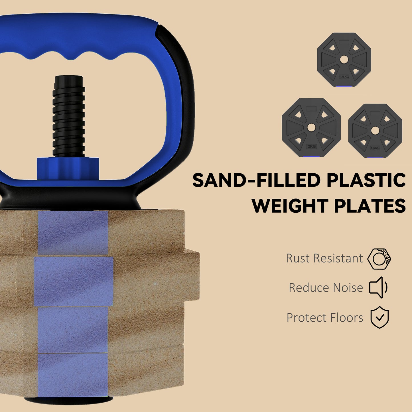 Soozier 6-in-1 Adjustable Dumbbell Set, Used as Kettlebell, Barbell, Dumbbell, Push-Up Stand, 44lbs Free Weights Set, Blue