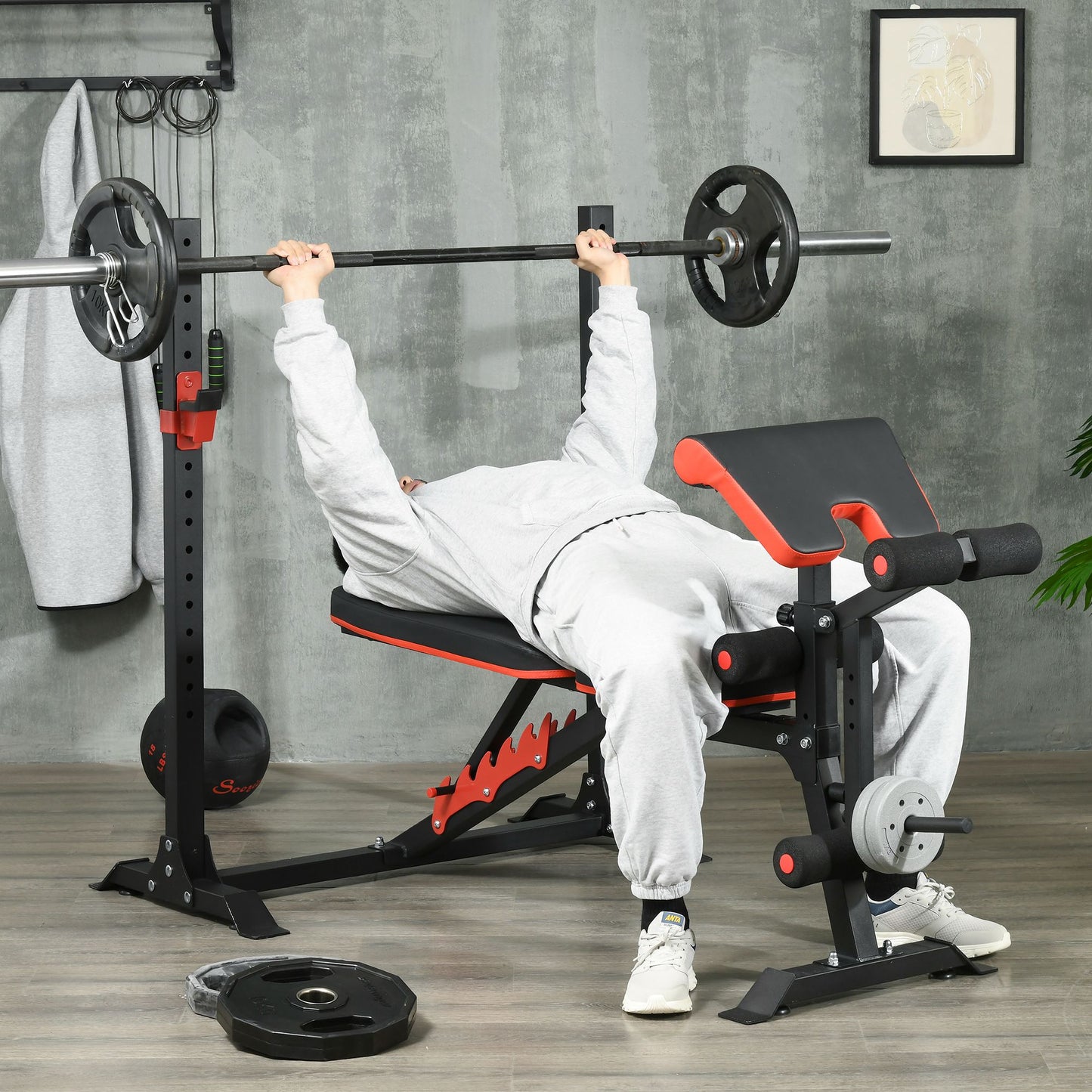 Soozier Adjustable Weight Bench with Squat Rack, Preacher Curl Pad and Leg Developer, Home Gym Bench for Full Body Workout