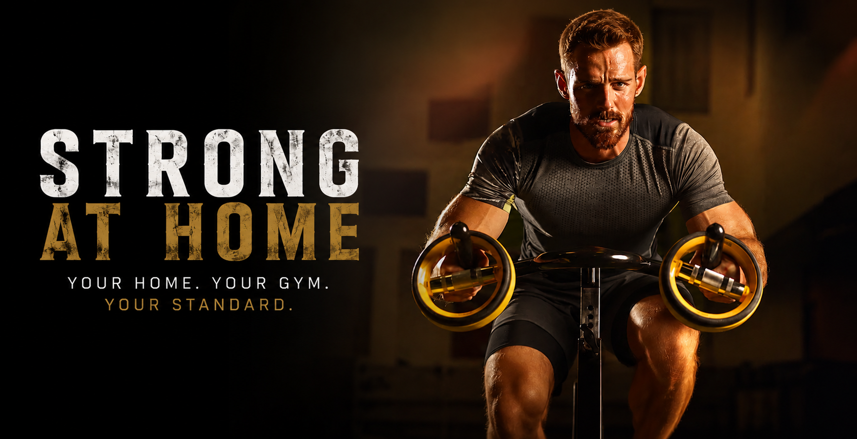 Man using a home exercise bike with 'Strong at Home' branding and text.