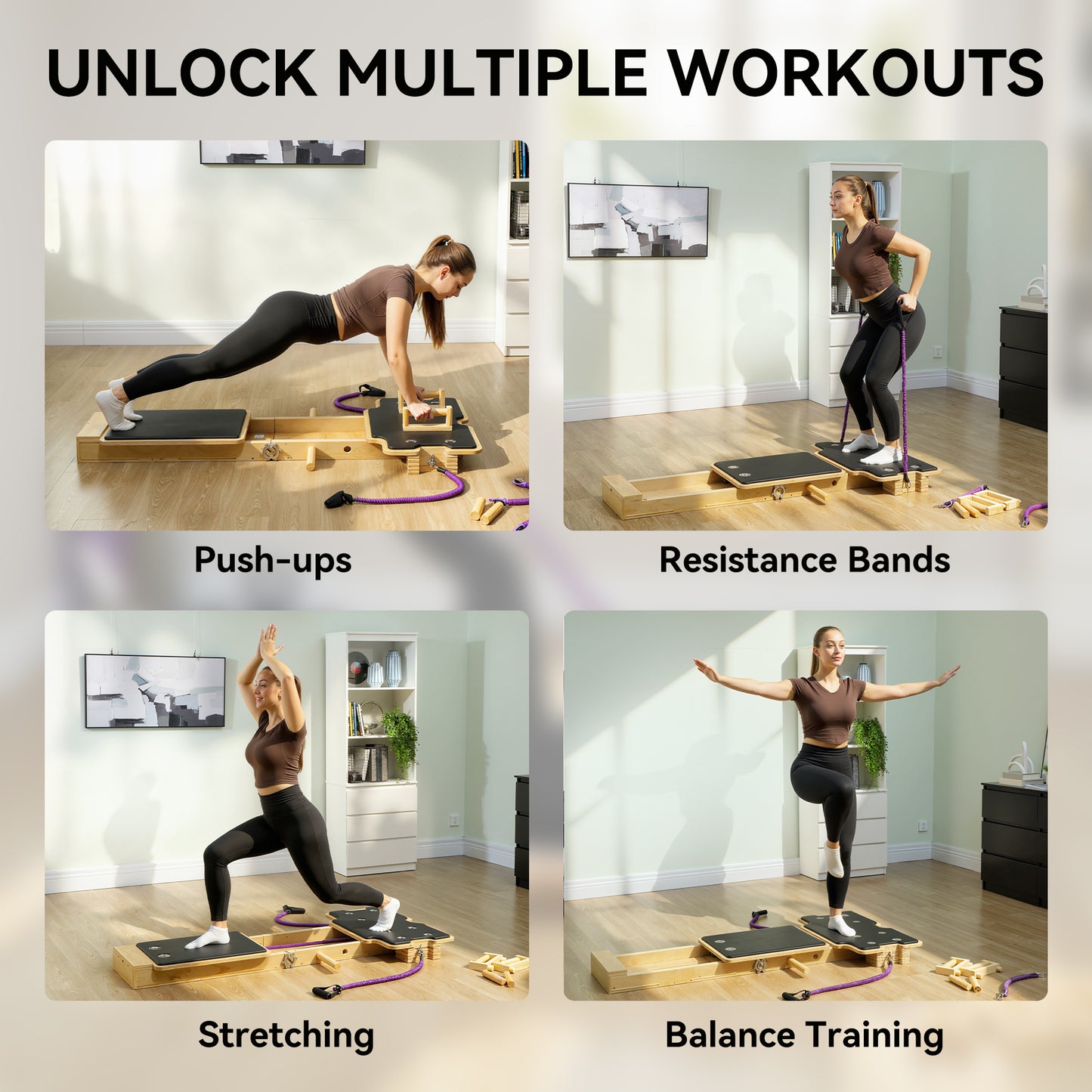 Soozier Foldable Pilates Reformer Machine, Multifunctional Pilates Board with Resistance Bands and Multi-Grips for Home Gym
