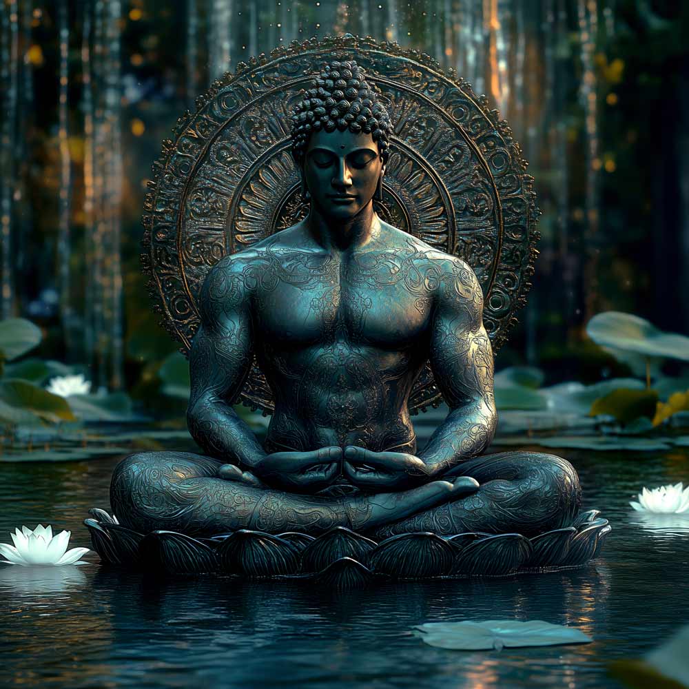 Statue of a meditating figure in a serene water setting with lotus flowers.