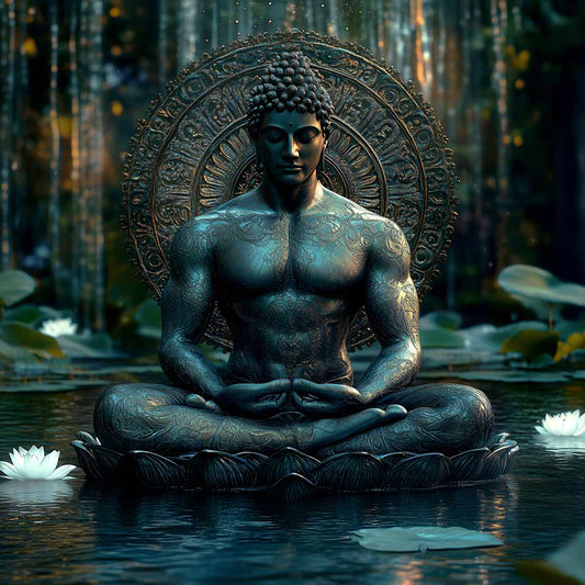 Statue of a meditating figure in a serene water setting with lotus flowers.
