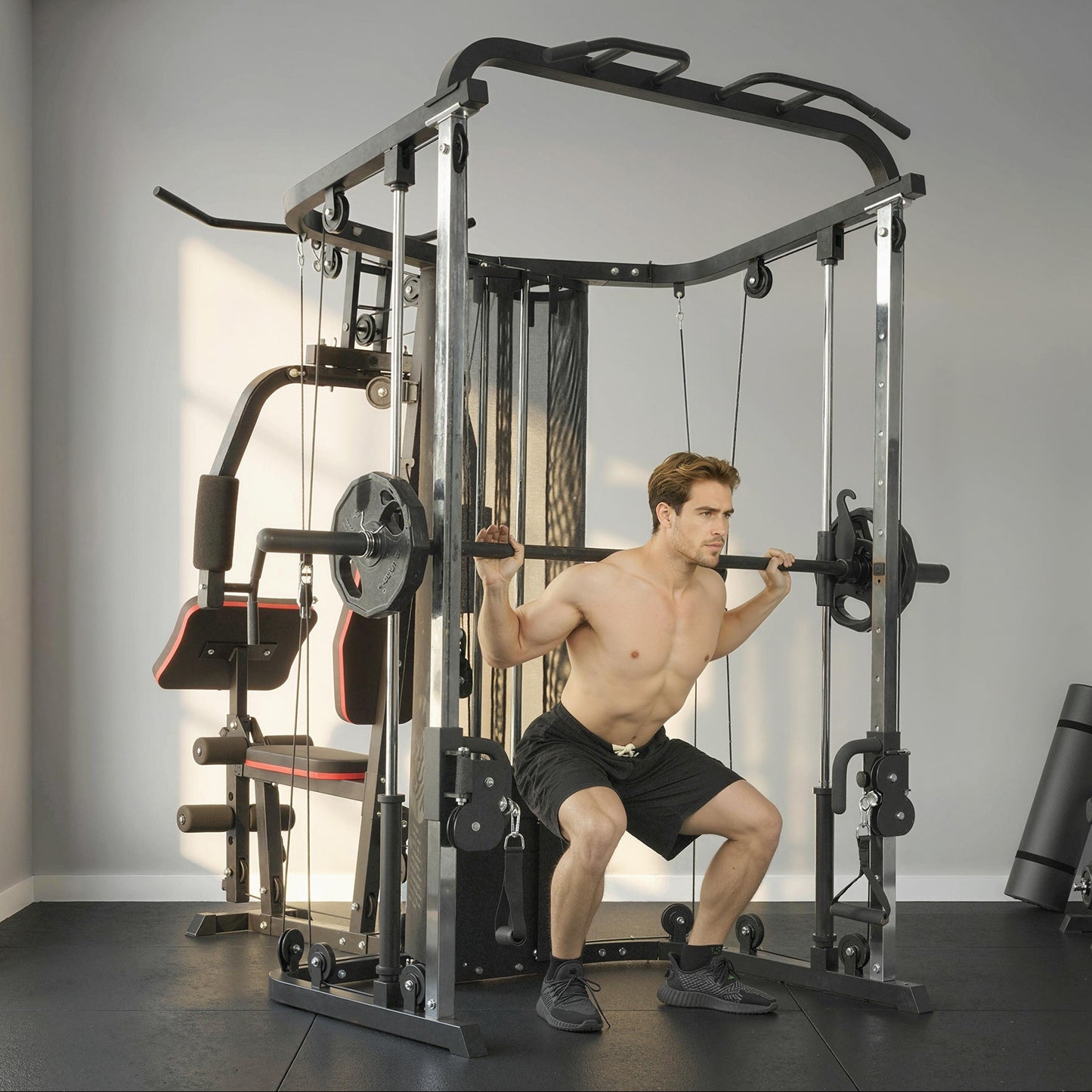 Soozier Home Multi Gym Smith Machine with 143LBS Weight Stack, Cable Pulley System, Chest Station, Preacher Pad, Leg Developer
