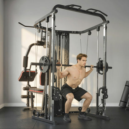 Soozier Home Multi Gym Smith Machine with 143LBS Weight Stack, Cable Pulley System, Chest Station, Preacher Pad, Leg Developer