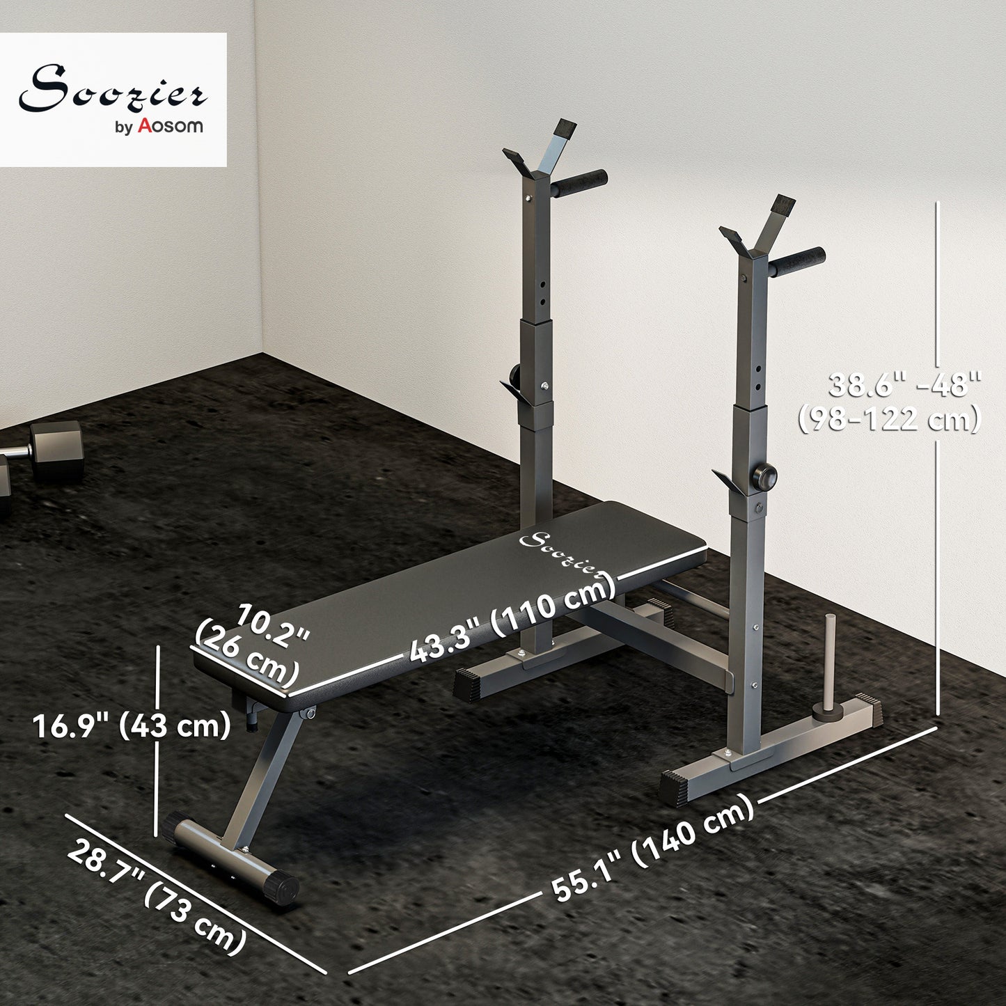 Soozier Foldable Bench Press with Barbell Rack Black Grey