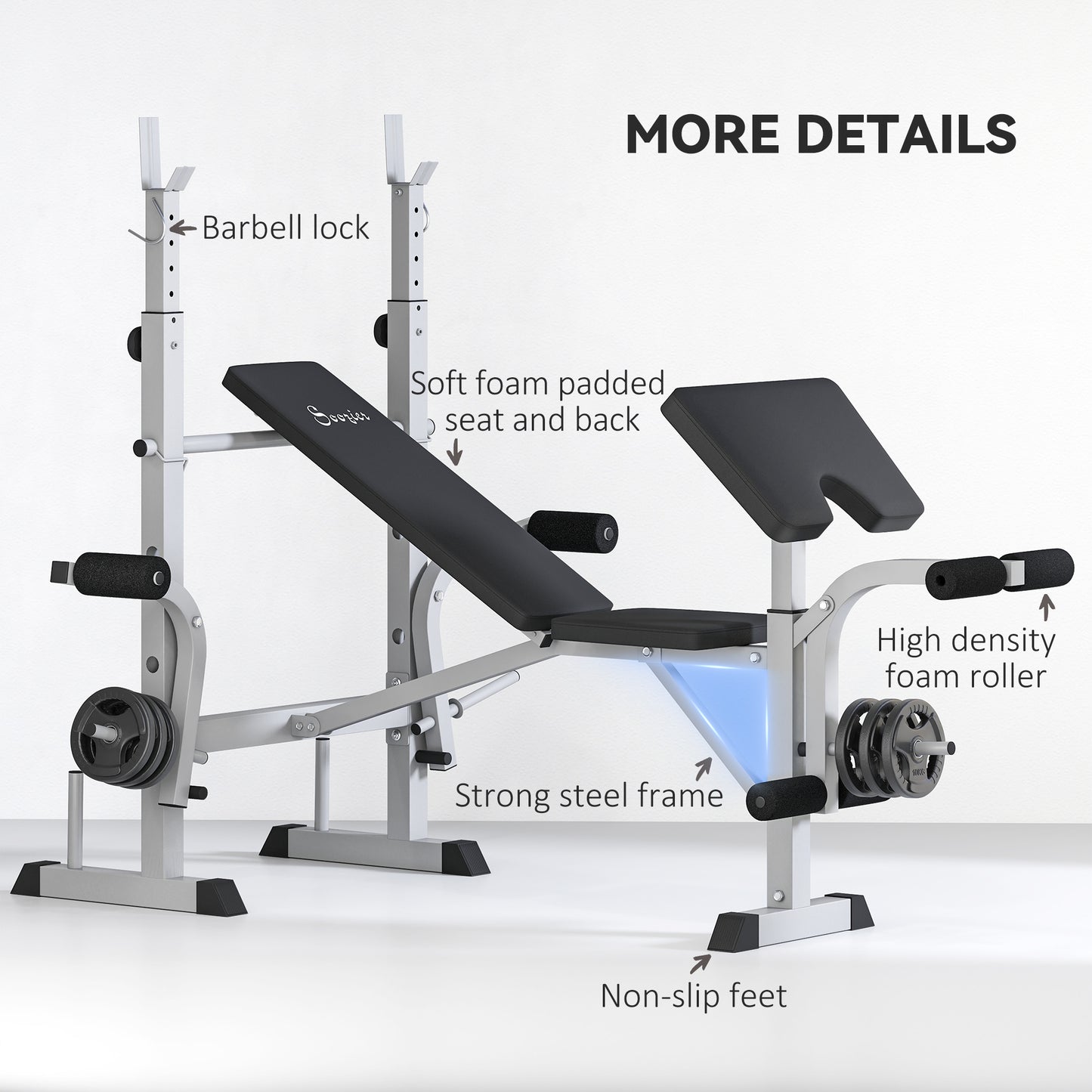 Soozier Bench Press Set Adjustable Weight Bench with Squat Rack, Preacher Curl Pad, Leg Developer and Weight Storage, Grey
