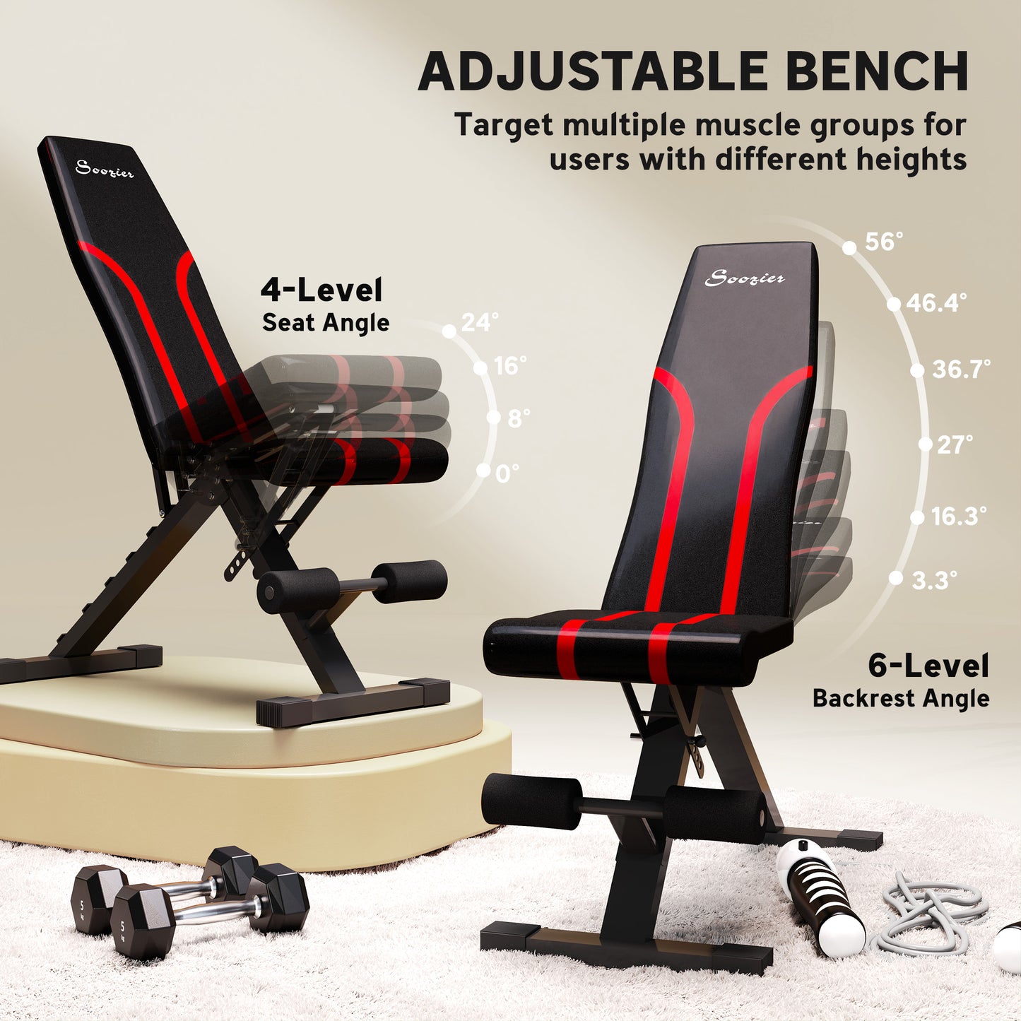 Soozier Adjustable Weight Bench, Foldable Workout Bench with Multi-Angle Seat and Back, Flat or Incline Bench for Home Gym