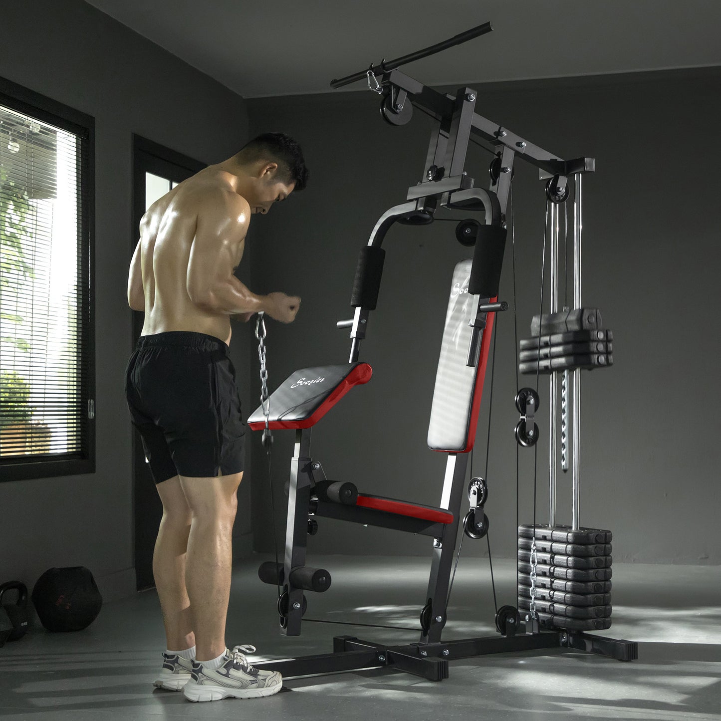 Soozier Home Gym Equipment Weight Training Machine, Multifunction Workout Machine with 143lbs Weight Stack for Full Body Workout and Strength Training, Red
