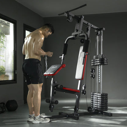 Soozier Home Gym Equipment Weight Training Machine, Multifunction Workout Machine with 143lbs Weight Stack for Full Body Workout and Strength Training, Red