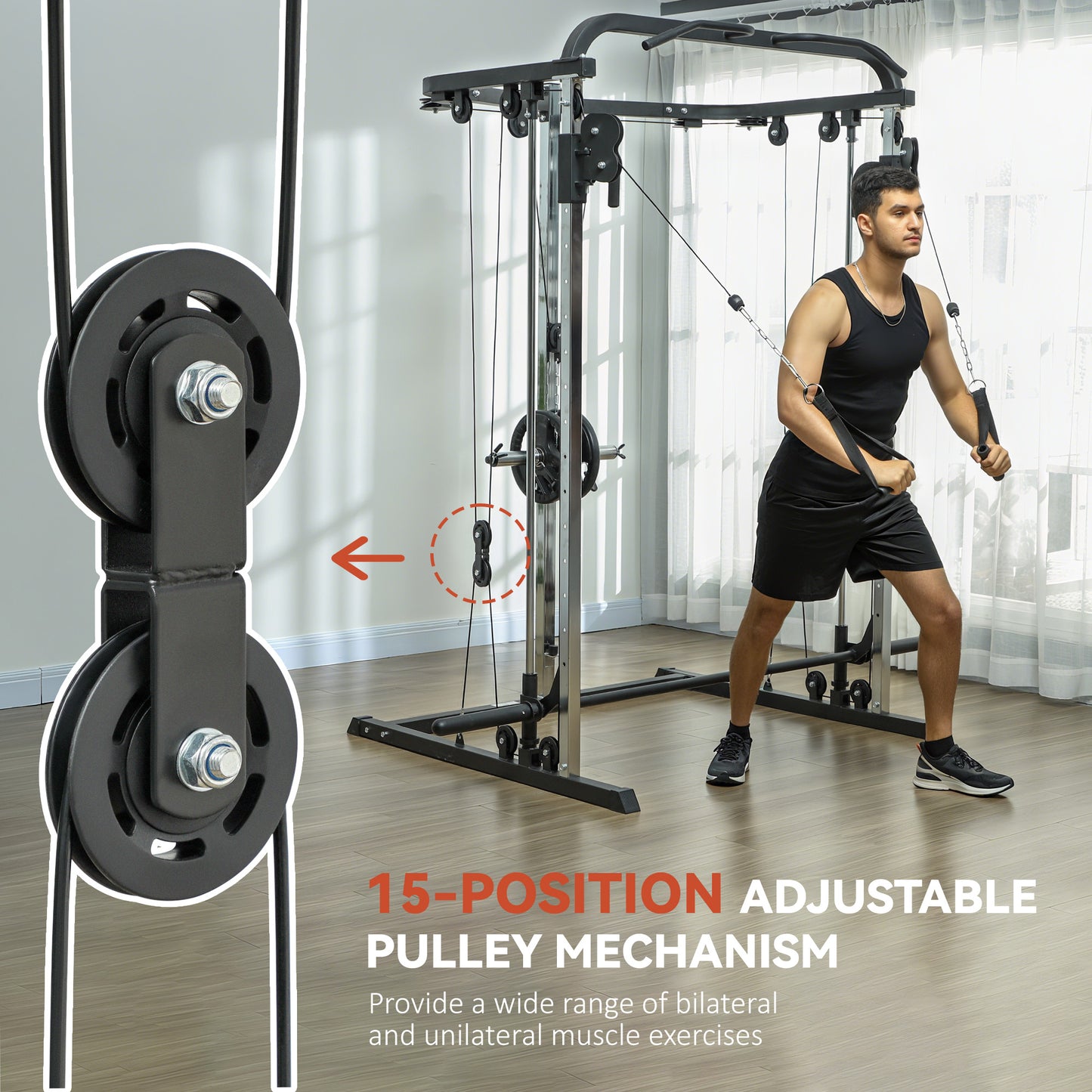 Soozier 3 In 1 Smith Machine Power Rack with Cable Crossover System, Pull up Station, 16-Level Squat Rack and Barbell Bar