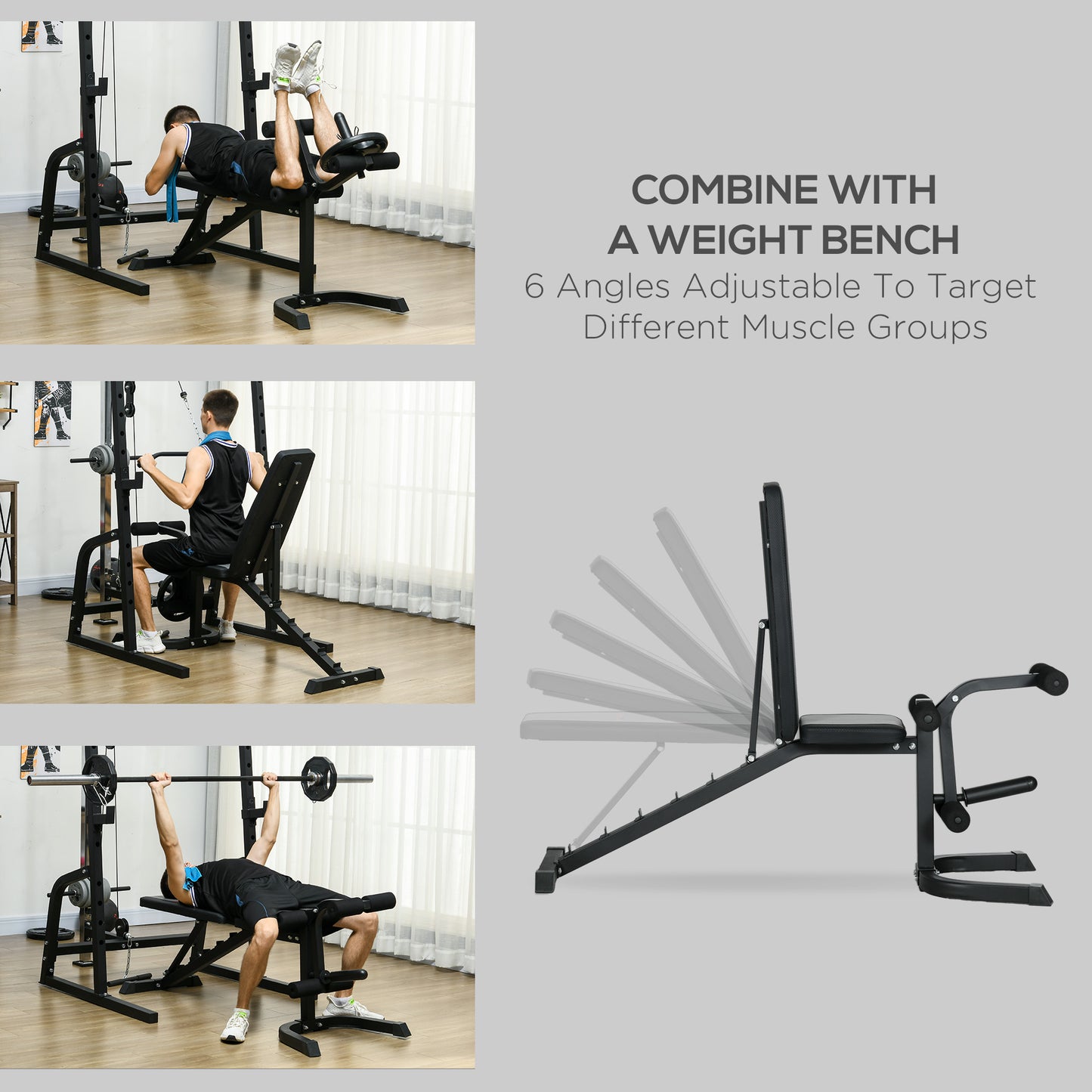 Soozier Smith Machine, Multi-Functional Power Cage w/ Adjustable Bench, Barbell Bar, Cable Pulley System, 15-Level Squat Rack