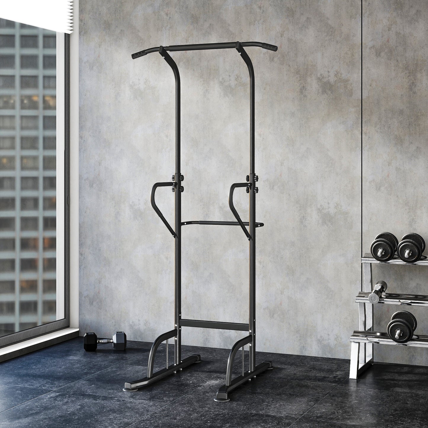 Soozier Power Tower Dip Station Pull Up Bar, Multi-Function Push Up Equipment with Adjustable Height for Home Gym Strength Training Workout Fitness, Black