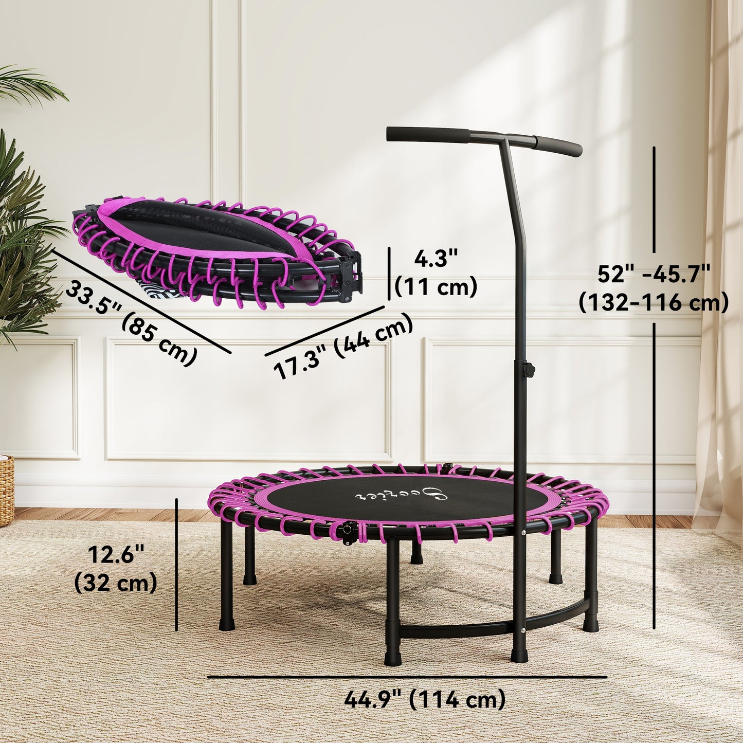 Soozier 45" Mini Trampoline for Adults, Foldable Fitness Exercise Rebounder with Adjustable Handle