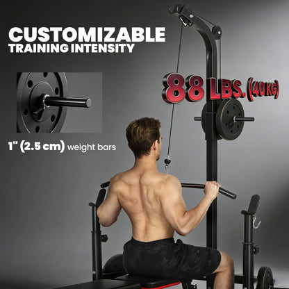 Soozier Multi-Function Home Gym Machine with Bench Press Rack, Squat Rack and Lat Pulldown System, Black