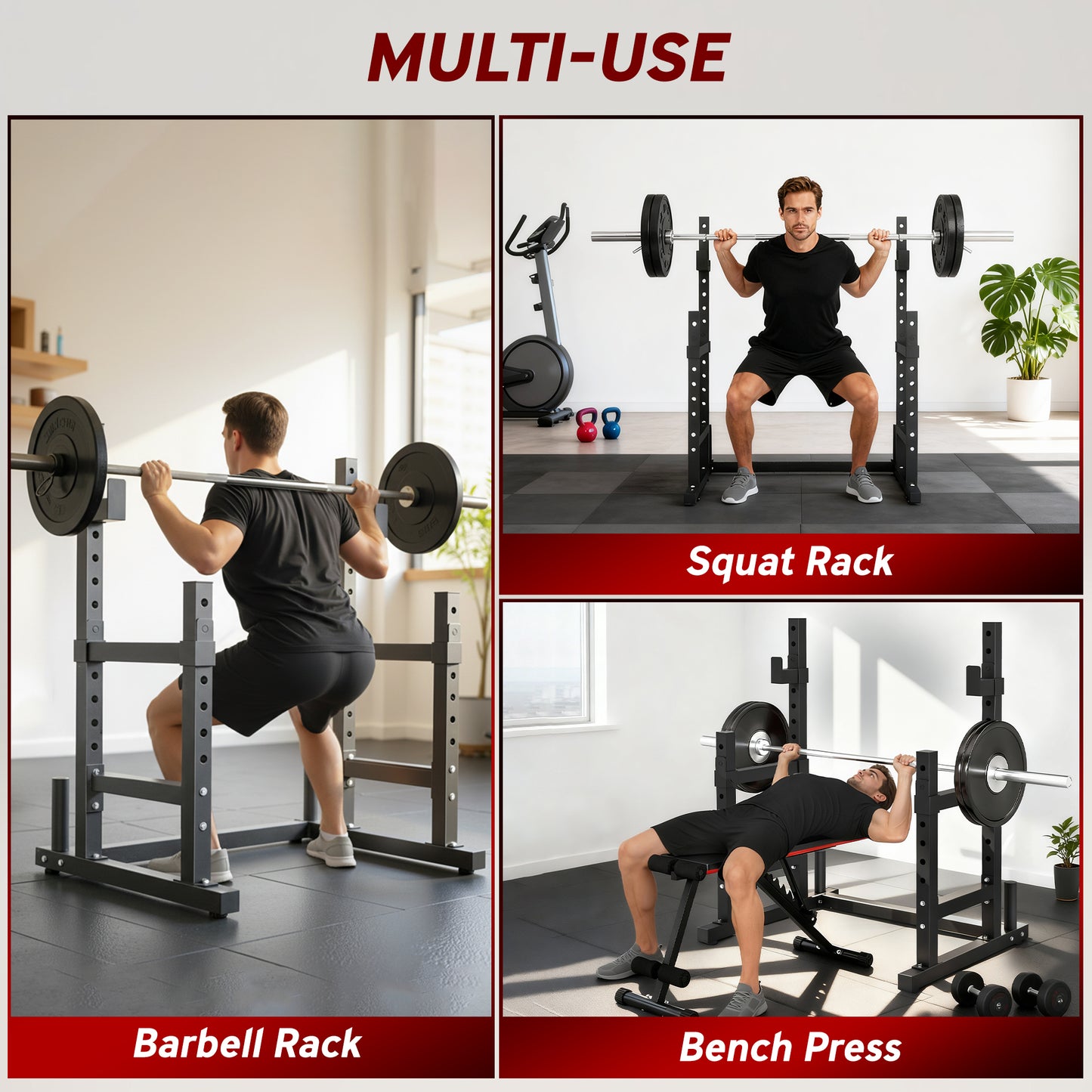 Soozier Adjustable Squat Rack, 660 lbs Multi-Function Barbell Rack for Weight Lifting and Home Gym Strength Training, Black