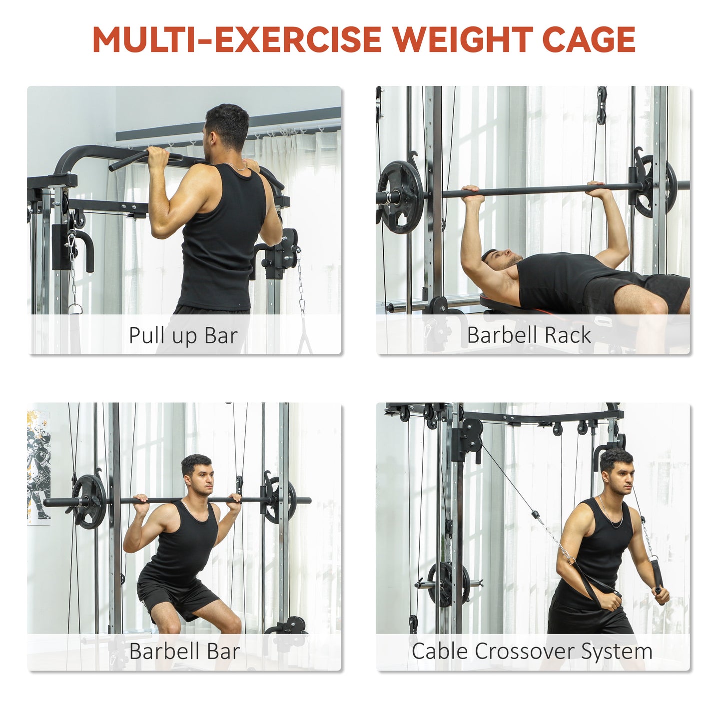 Soozier 3 In 1 Smith Machine Power Rack with Cable Crossover System, Pull up Station, 16-Level Squat Rack and Barbell Bar